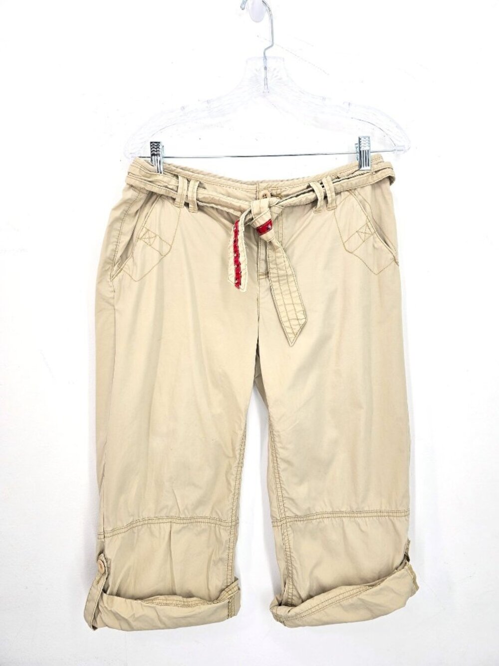 Vintage Y2K 2000s Union Bay Beige Low Rise Cargo Roll Tab Capri Women Size 7/8